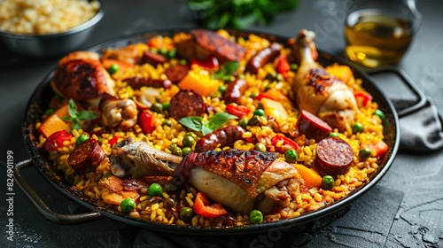 Traditional paella with chicken legs, sausage chorizo and vegetables served. Generative Ai photo