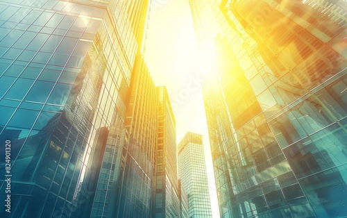 Sunlight piercing through towering skyscrapers with reflective glass facades.