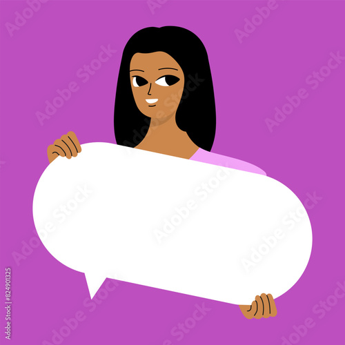 Pretty brunette swowing empty presentation. Young black woman holding blank placard, poster, paper. Simple flat style.