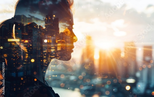 Sunlit cityscape merged with a woman's silhouetted profile.