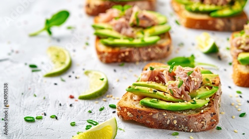 Tuna Avocado Toasts, Healthy Snack or Breakfast on Bright Concrete Background. Generative Ai