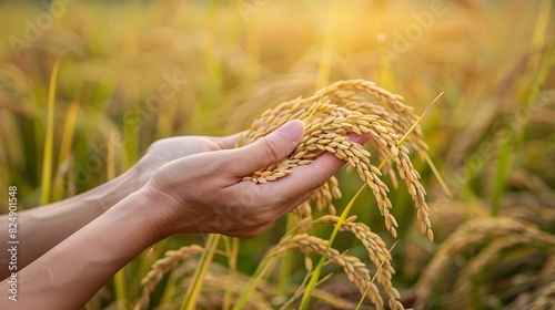 Woman hand holding rice and paddy field background. Rice price in the world market concept. World yield for rice. Zakat concept. Rice plantation. Organic farm. Staple food in Asia. Plant cultivation