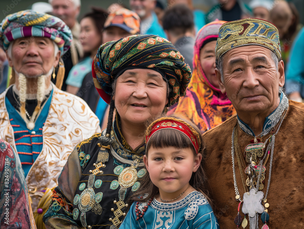 A family of three generations dressed in traditional clothing, showcasing cultural heritage at a community gathering.