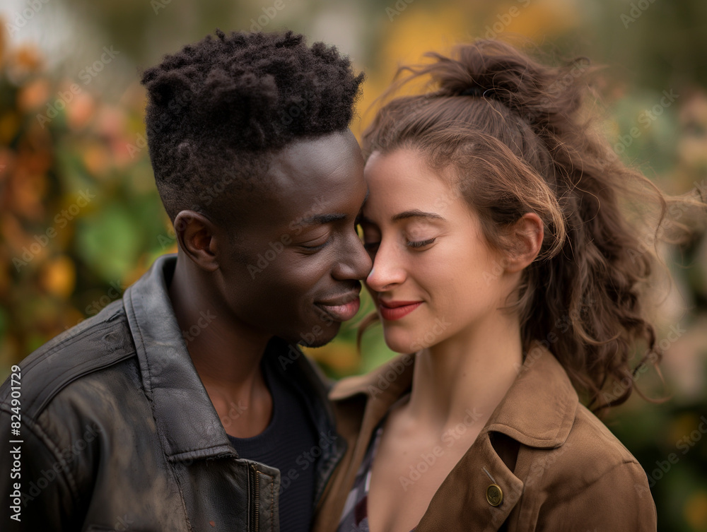 An affectionate interracial couple, close together, enjoying a tender moment outdoors with autumn foliage in the background. An affectionate interracial couple, close together, enjoying a tender moment outdoors with autumn foliage in the background.