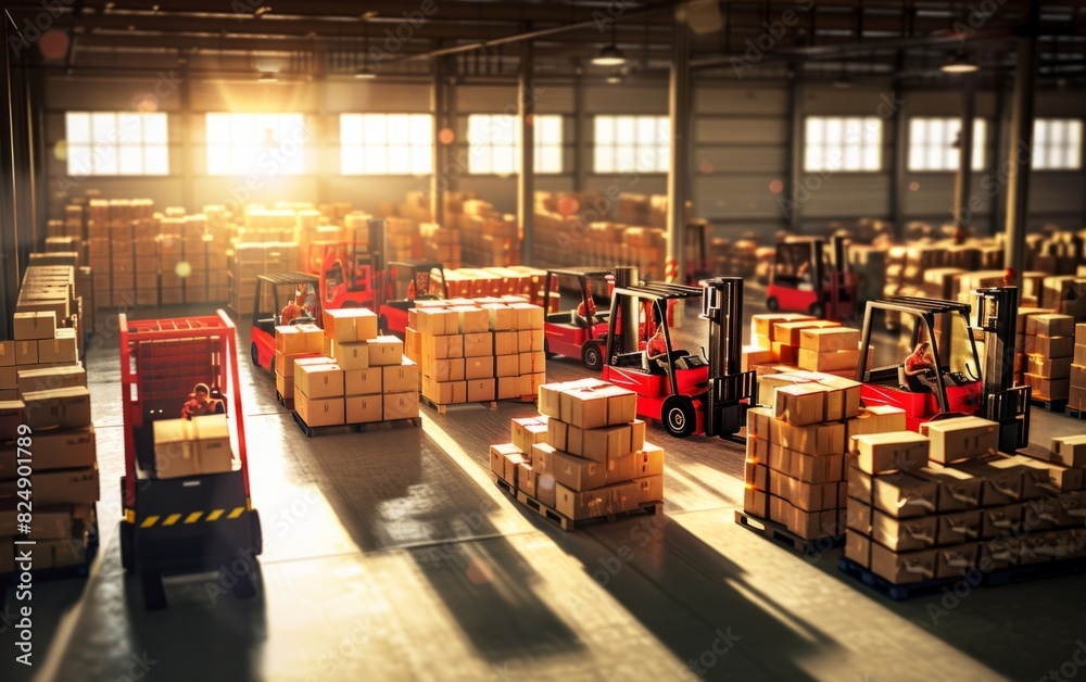 Sunlit warehouse filled with neatly stacked boxes and forklifts. Stock ...