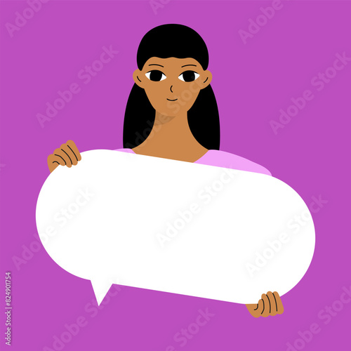 Pretty brunette swowing empty presentation. Young black woman holding blank placard, poster, paper. Simple flat style.
