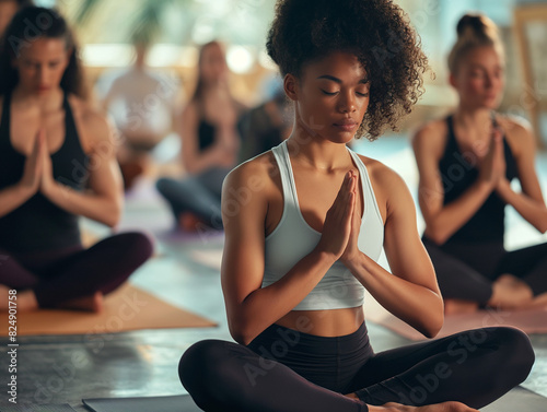 A young woman practicing yoga in a group class  sitting in a meditative pose  focusing on mindfulness and inner peace
