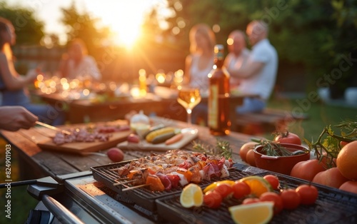 Sunset barbecue gathering with friends enjoying food and drinks outdoors.