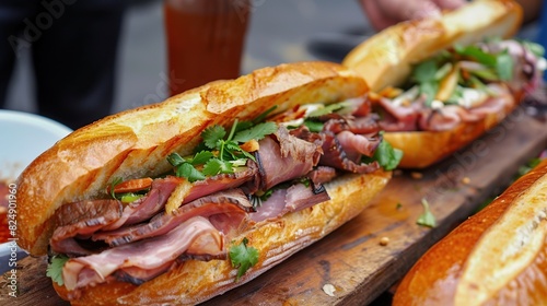 Vietnamese street food, french bread and beef ham sandwich. Generative Ai