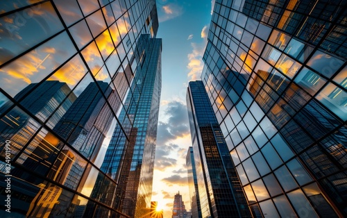 Sunset glows between towering glass skyscrapers, casting reflections and shadows.