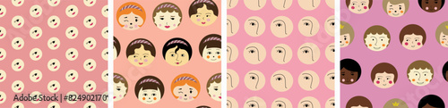 Bundle of four patterns, attractive girlish faces. Vector illustration in simple flat style, women image, seamless backdrop.