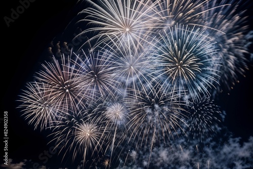Nighttime fireworks display, with bursts of colorful lights illuminating the dark sky