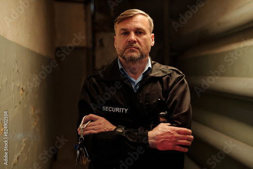 Serious mature male security guard with bunch of keys in hand crossing arms by chest and looking at camera while standing in corridor