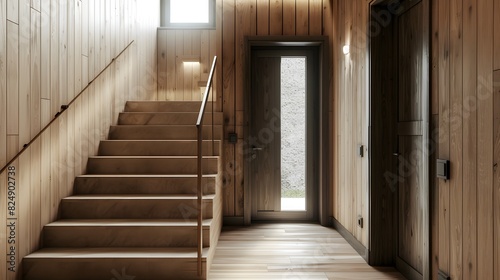 Wooden staircase and lining paneling wall in minimalist style hallway. Interior design of modern rustic entrance hall with door in farmhouse 