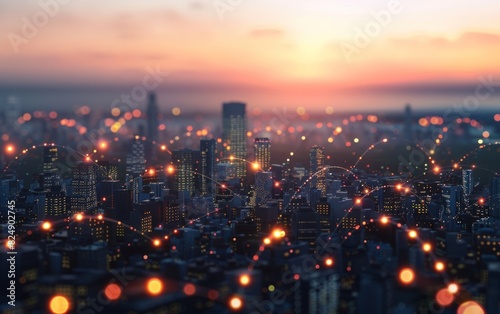 Twilight cityscape with interconnected glowing arcs.