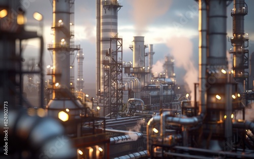 Twilight falls over an industrial complex with towering chimneys and dense piping.