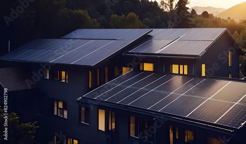 Solar Panel On The Roof of A Beautiful House During Sunset Time - Trees In The Background