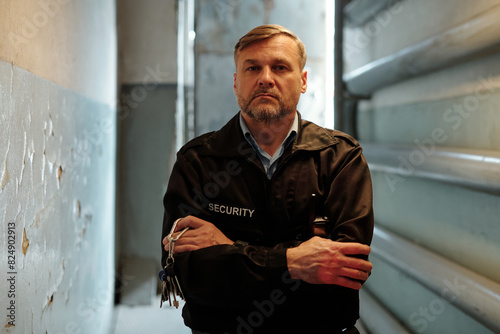 Mature security guard in black uniform holding keys and looking at camera while standing in narrow corridor of old building