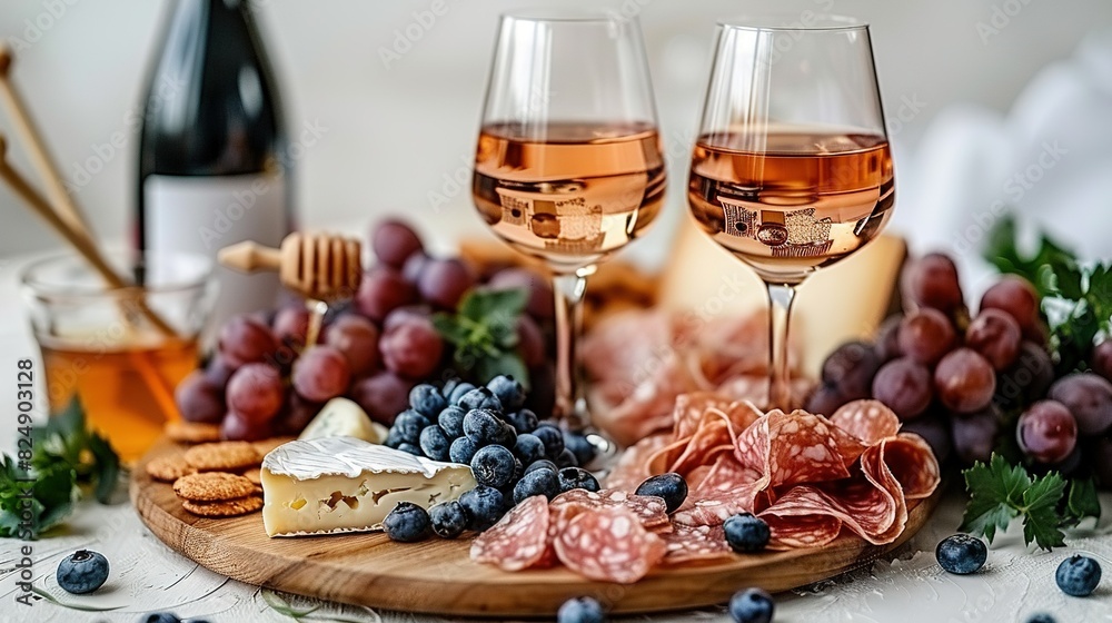   Two wine glasses resting on a wooden tray alongside a pile of grapes and cheese