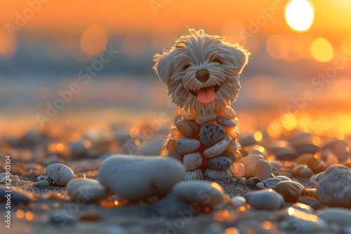 Pebble Pup Playfully Sitting on Sandy Beach Amidst Vibrant Sunset Hues photo