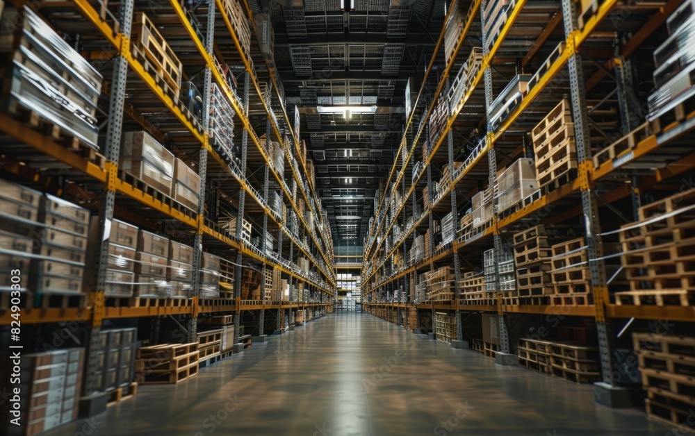 Vast warehouse with high shelves filled with pallets under moody lighting.