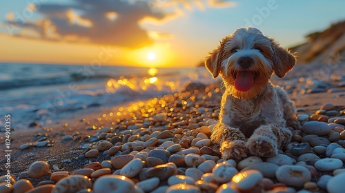 Adorable Pebble Dog Basking in the Sandy Beach Sunset photo
