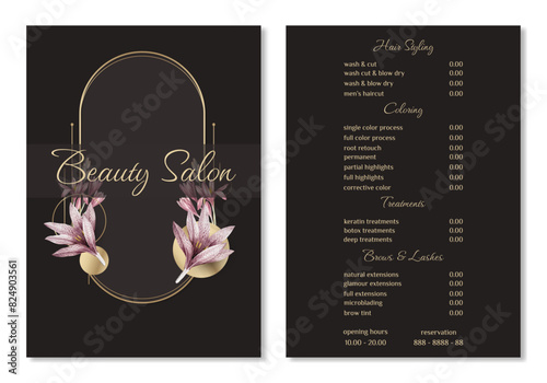 Vector Illustration sticker business card for beauty salon with pricelist and special offer opening hours and phone number for reservation decorated with botanical art texture. A4 printable template