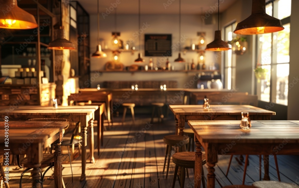 Warmly lit cafe interior with wooden tables and hanging lamps.