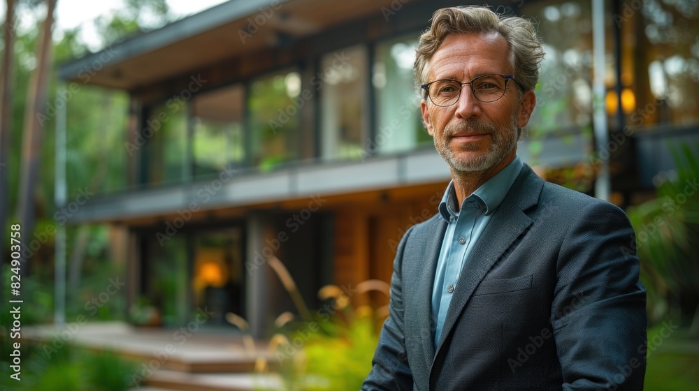 A business executive standing in front of a modern office building surrounded by green trees and wind turbines in the background A business executive standing in front of a modern office building surrounded by green trees and wind turbines in the background