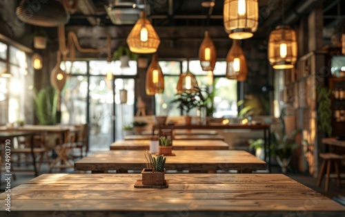 Warmly lit cafe interior with wooden tables and hanging lamps. © OLGA