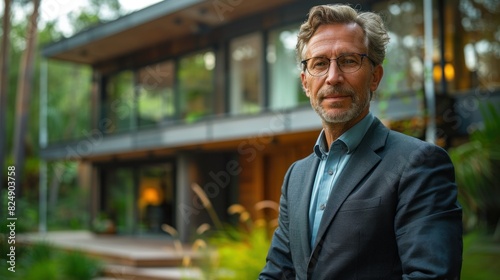 Wallpaper Mural A business executive standing in front of a modern office building surrounded by green trees and wind turbines in the background Torontodigital.ca
