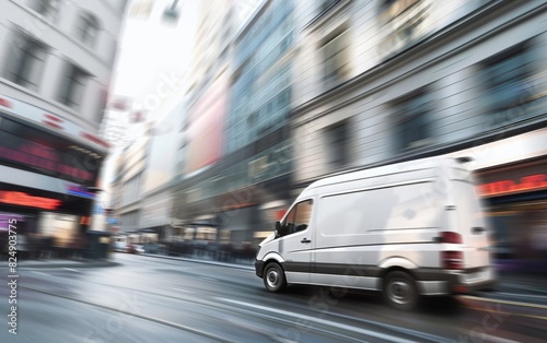 White van speeding through a bustling cityscape with motion blur.