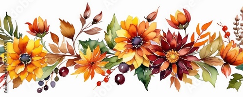 Fall floral border with berries, autumn flowers and leaves watercolor painting for Halloween or Thanksgiving day. Watercolor illustration of flower frame template for banner, poster, web design