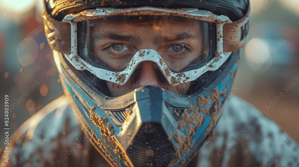 Striking close-up image features eyes, filled with focus and intensity, of motocross rider, in helmet covered in mud. Striking close-up image features eyes, filled with focus and intensity, of motocross rider, in helmet covered in mud.