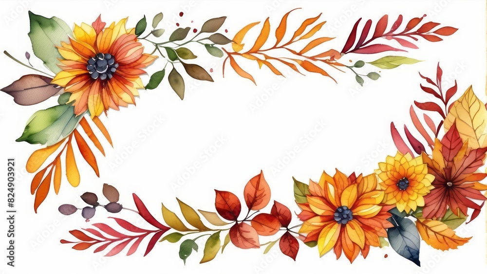Fall frame with pumpkins, autumn flowers and leaves watercolor painting for Halloween or Thanksgiving day. Watercolor illustration of floral frame template for banner, poster, web design