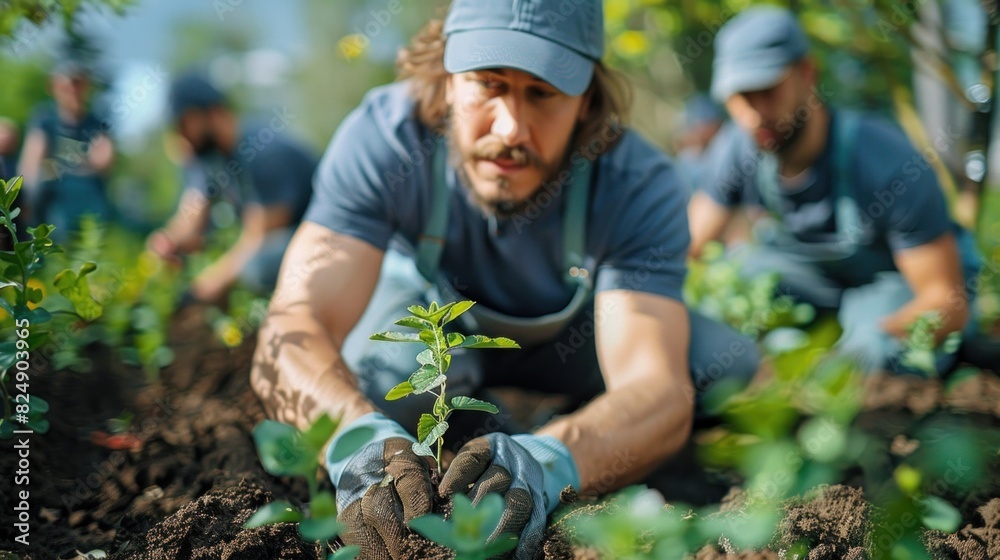 A team of business professionals planting trees in an urban park, showing commitment to the environment A team of business professionals planting trees in an urban park, showing commitment to the environment