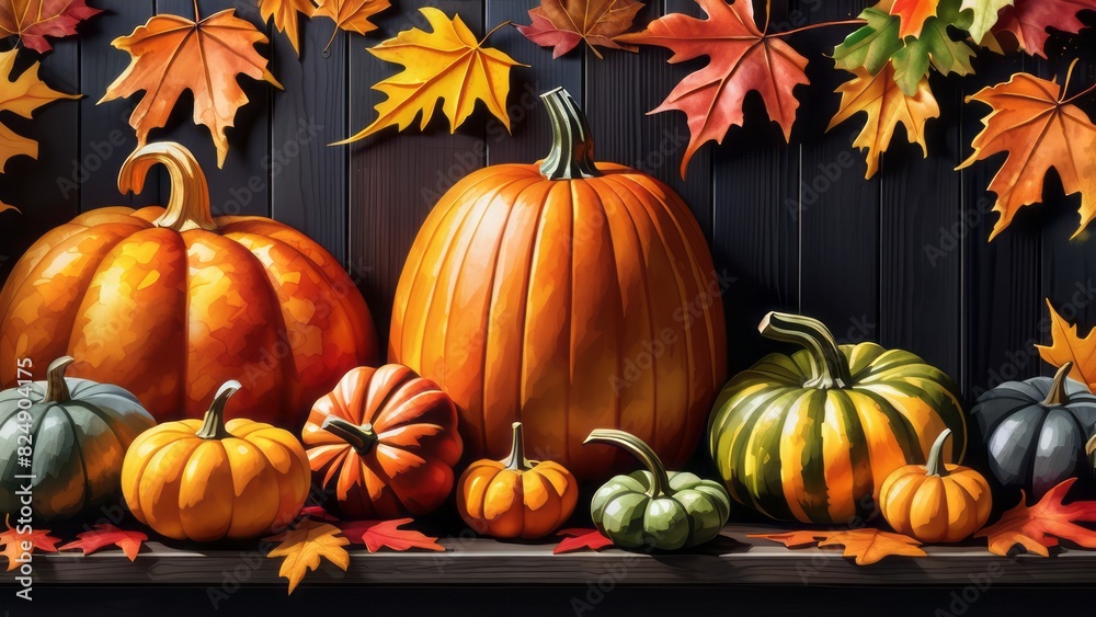 Fall composition with pumpkins, autumn leaves on black wood wall background. Design for Halloween or Thanksgiving day, banner, poster, web design Fall composition with pumpkins, autumn leaves on black wood wall background. Design for Halloween or Thanksgiving day, banner, poster, web design