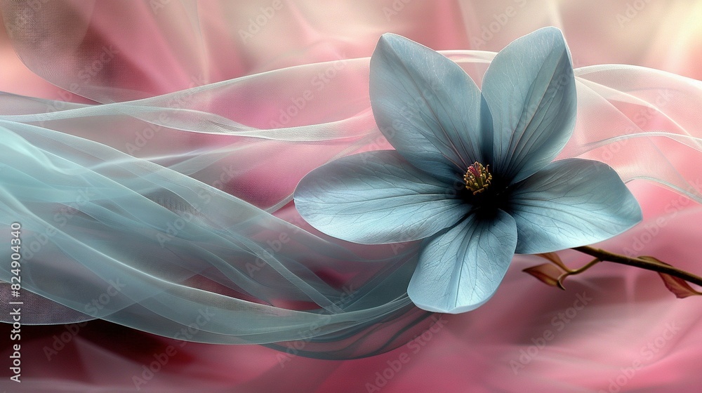 A blue flower on a pink-white bouquet with white and light blue streamers A blue flower on a pink-white bouquet with white and light blue streamers