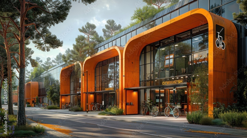 A high-tech office where employees are using bikes and recycling stations are prominently placed