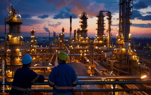 Workers observe a vast, illuminated industrial refinery at dusk.