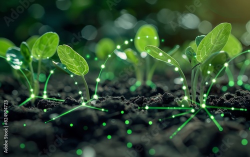 Young sprouts with glowing digital connections in soil.