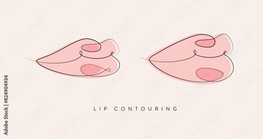 Pair of lips with contouring drawing in linear style on beige background