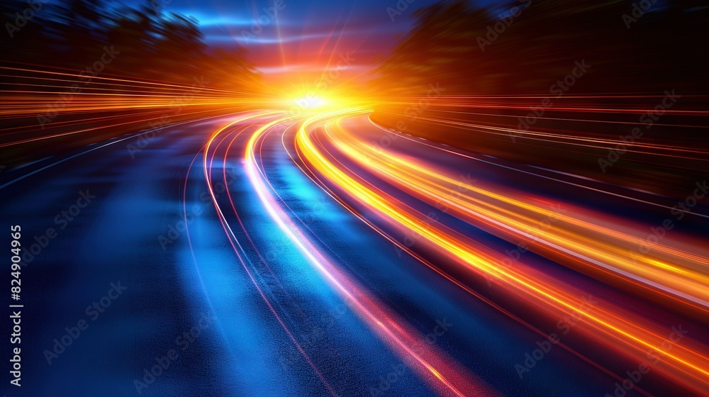 A sharp image of a well-lit highway at night with a beacon illuminating the path ahead in the center of the frame A sharp image of a well-lit highway at night with a beacon illuminating the path ahead in the center of the frame