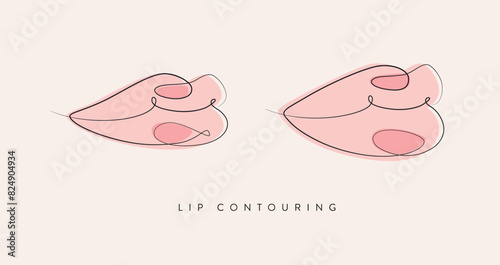 Obraz na płótnie Pair of lips with contouring drawing in linear style on beige background w salonie