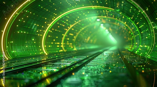   A tunnel illuminated by numerous green lights, adjacent to a railway track featuring a green light at its terminus photo