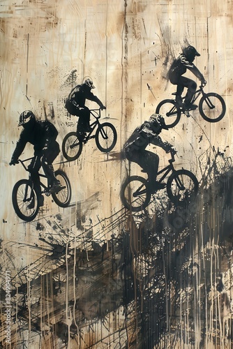 Sketching paper with men riding bicycle, in series of jumps, depicted in monochromatic black style. Vintage drawn illustration.