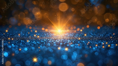   A bright sun shines over a dark blue background, creating a boke of light and sparkling on the ground photo