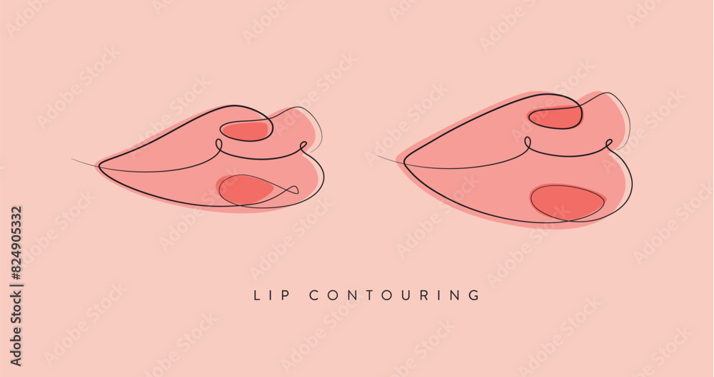 Pair of lips with contouring drawing in linear style on peach background