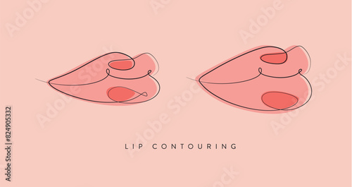 Obraz na płótnie Pair of lips with contouring drawing in linear style on peach background w salonie