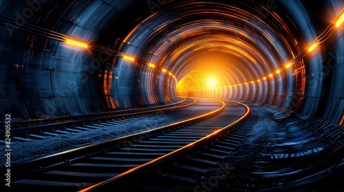   A tunnel with a light at its end and a train track ahead photo